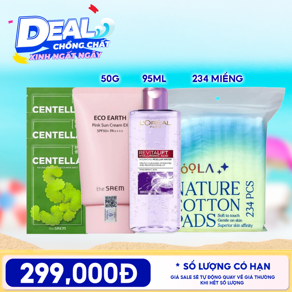  Combo Travel: Kem Chống Nắng The Saem  Pink Sun Cream EX + Mặt Nạ Giấy The Saem  Natural Mask + Nước Tẩy Trang L'oreal Revitalift Hyaluronic Acid Hydrating Micellar Water + Bông Tẩy Trang Mềm Mịn TOOLA 