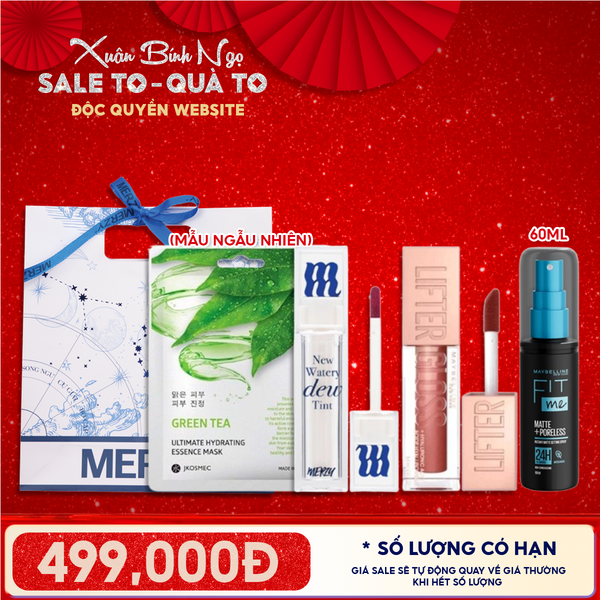  Túi Quà Tặng 499K: 1 Son Merzy + 1 Son Maybelline + 1 Xịt Khóa Nền Maybelline + 1 Mặt Nạ + Túi 
