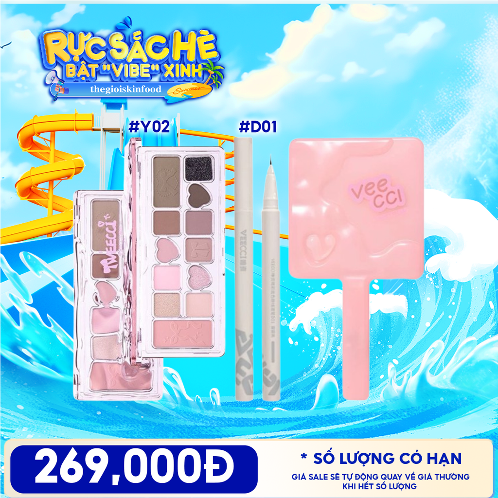 Combo Travel: Bảng Phấn Mắt VEECCI  Ribbon Fantasy 11 Color Eyeshadow Palette + Bút Kẻ Mắt VEECCI Vivid Color Eyeliner Pen 0.6ml + Gương Trang Điểm Cầm Tay VEECCI