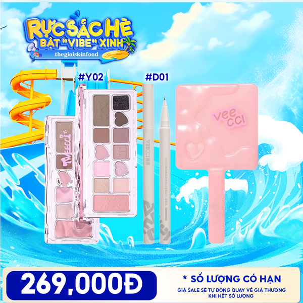 Combo Travel: Bảng Phấn Mắt VEECCI  Ribbon Fantasy 11 Color Eyeshadow Palette + Bút Kẻ Mắt VEECCI Vivid Color Eyeliner Pen 0.6ml + Gương Trang Điểm Cầm Tay VEECCI 