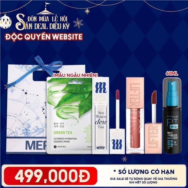  Túi Quà Giáng Sinh 499K: 1 Son Merzy + 1 Son Maybelline + 1 Xịt Khóa Nền Maybelline + 1 Mặt Nạ + Túi 