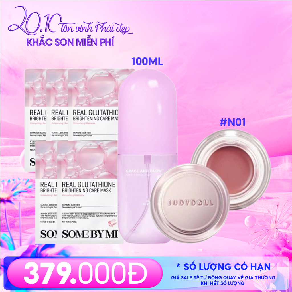 Combo 20/10: (Son Môi & Má Hồng Kem Đa Năng Judydoll 6g #N01 +  Xịt Dưỡng Tóc  Grace And Glow 100ml + Mặt Nạ Some By Mi 20g #Glutathione (5 miếng))
