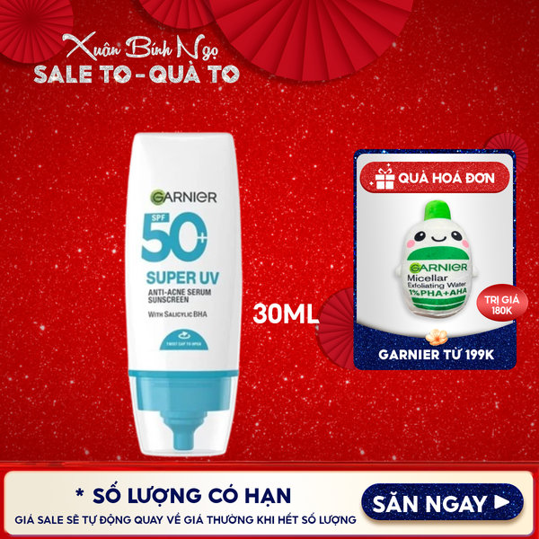  Kem Chống Nắng Phổ Rộng Garnier Kiềm Dầu, Hỗ Trợ Giảm Mụn Super Uv Anti-Acne Serum Sunscreen SPF50+ PA++++ 30ml 