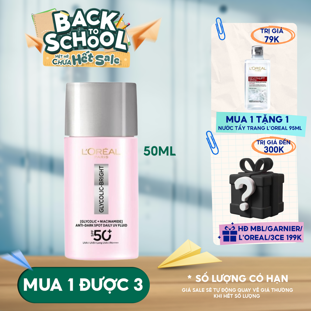 Sữa Chống Nắng Phổ Rộng L'oreal Mỏng Nhẹ, Hỗ Trợ Dưỡng Sáng, Giảm Mờ Thâm Nám Glycolic-Bright Anti-Dark Spot Daily Uv Fluid SPF 50+/PA++++ 50ml