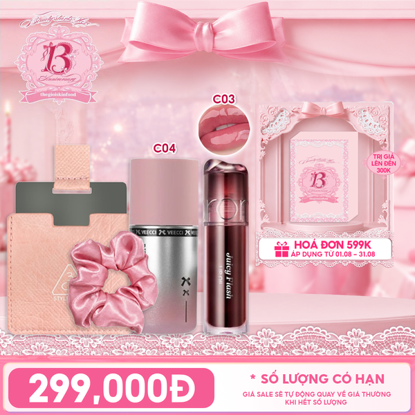  Combo Travel: Son Bóng Dưỡng Môi Romand Juicy Flash Lip Oil + Má Hồng Dạng Kem VEECCI Liquid Like Water Powder Blusher + Gương Vuông Nhỏ 3CE Pink SEA + Cột Tóc Romand Pink Satin Srunchies 