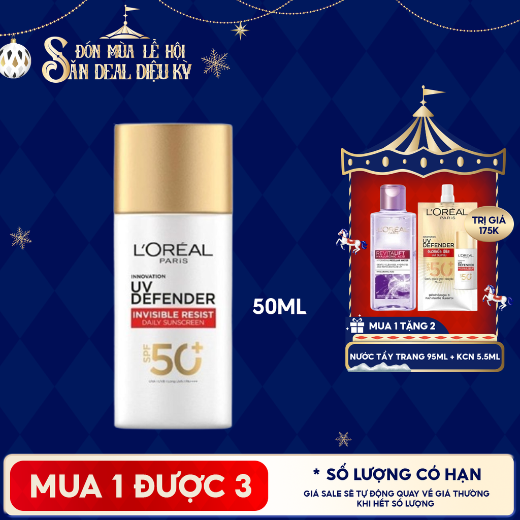 Kem Chống Nắng L'Oreal Mịn Nhẹ, Bảo Vệ Da, Ngăn Ngừa Lão Hóa UV Defender SPF 50+/PA++++