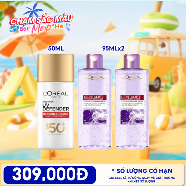  Combo Travel: Kem Chống Nắng L'Oreal UV Defender SPF 50ml + Nước Tẩy Trang L'oreal Revitalift Hyaluronic Acid Hydrating Micellar Water 