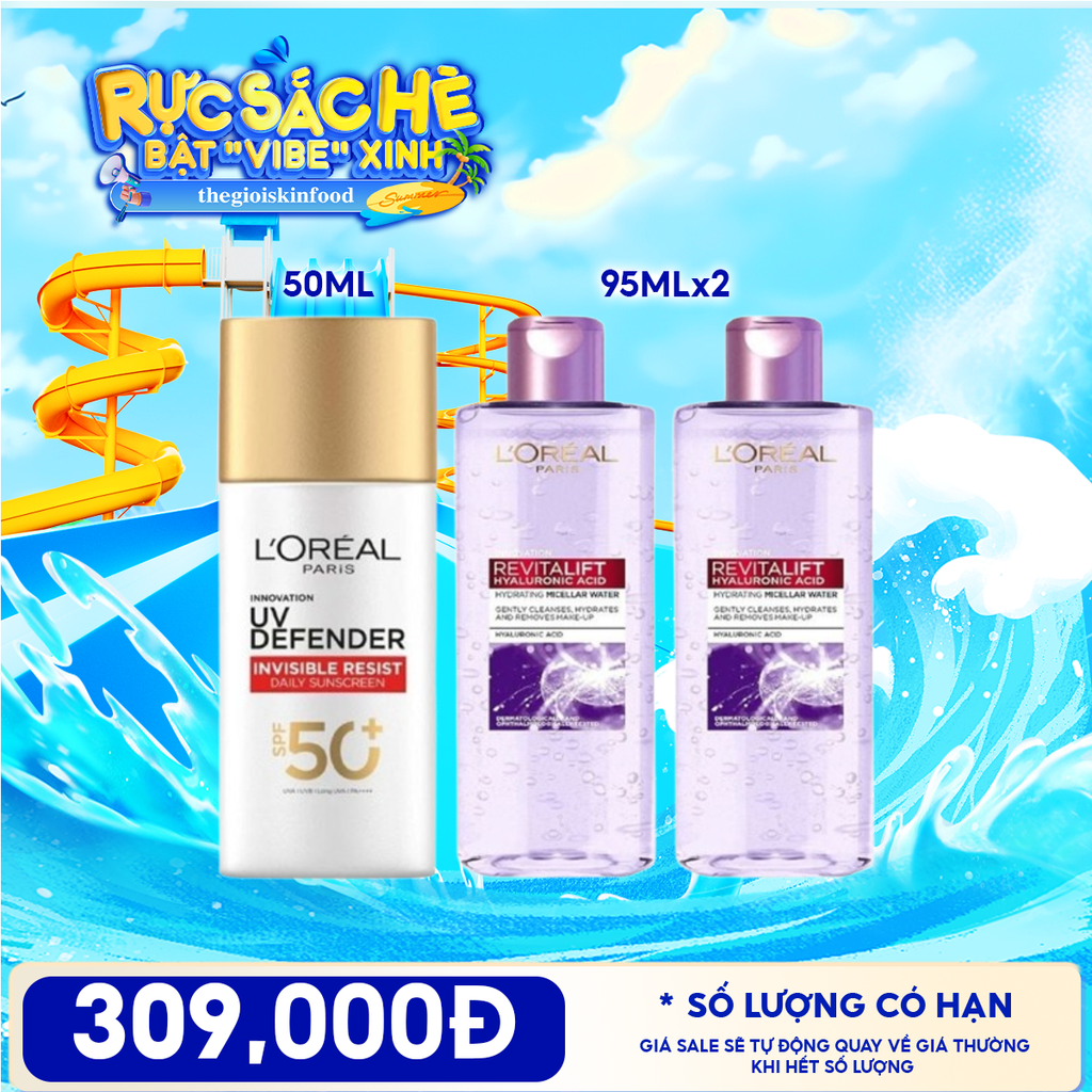 Combo Travel: Kem Chống Nắng L'Oreal UV Defender SPF 50ml + Nước Tẩy Trang L'oreal Revitalift Hyaluronic Acid Hydrating Micellar Water