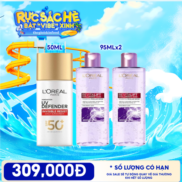  Combo Travel: Kem Chống Nắng L'Oreal UV Defender SPF 50ml + Nước Tẩy Trang L'oreal Revitalift Hyaluronic Acid Hydrating Micellar Water 