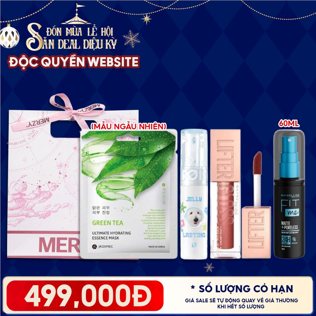 Túi Quà Giáng Sinh 499K: 1 Son Merzy + 1 Son Maybelline + 1 Xịt Khóa Nền Maybelline + 1 Mặt Nạ + Túi