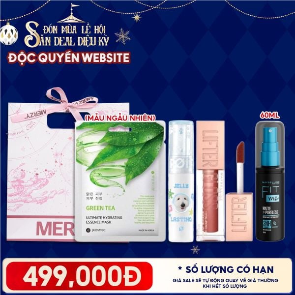  Túi Quà Giáng Sinh 499K: 1 Son Merzy + 1 Son Maybelline + 1 Xịt Khóa Nền Maybelline + 1 Mặt Nạ + Túi 