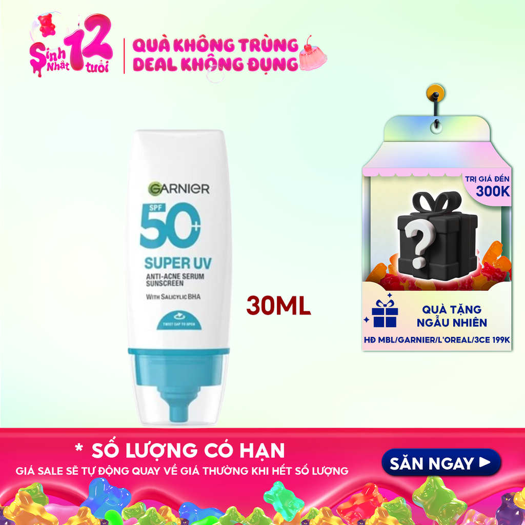 Kem Chống Nắng Phổ Rộng Garnier Kiềm Dầu, Hỗ Trợ Giảm Mụn Super Uv Anti-Acne Serum Sunscreen SPF50+ PA++++ 30ml