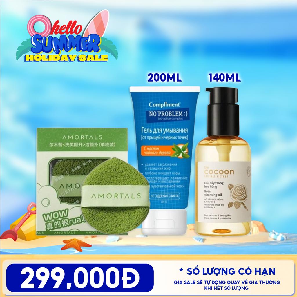 Combo Tiện Lợi: Bông Rửa Mặt Amortals Bọt Biển Wash To Smile Face-washing Puff + Sữa Rửa Mặt Compliment Gel No Problem 200ml + Dầu Tẩy Trang Cocoon Rose Cleansing Oil