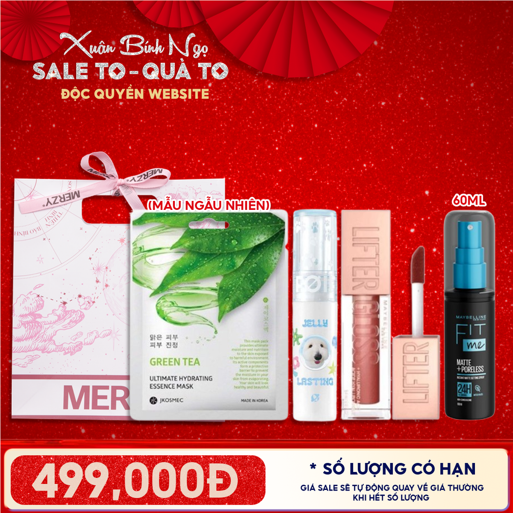 Túi Quà Tặng 499K: 1 Son Merzy + 1 Son Maybelline + 1 Xịt Khóa Nền Maybelline + 1 Mặt Nạ + Túi
