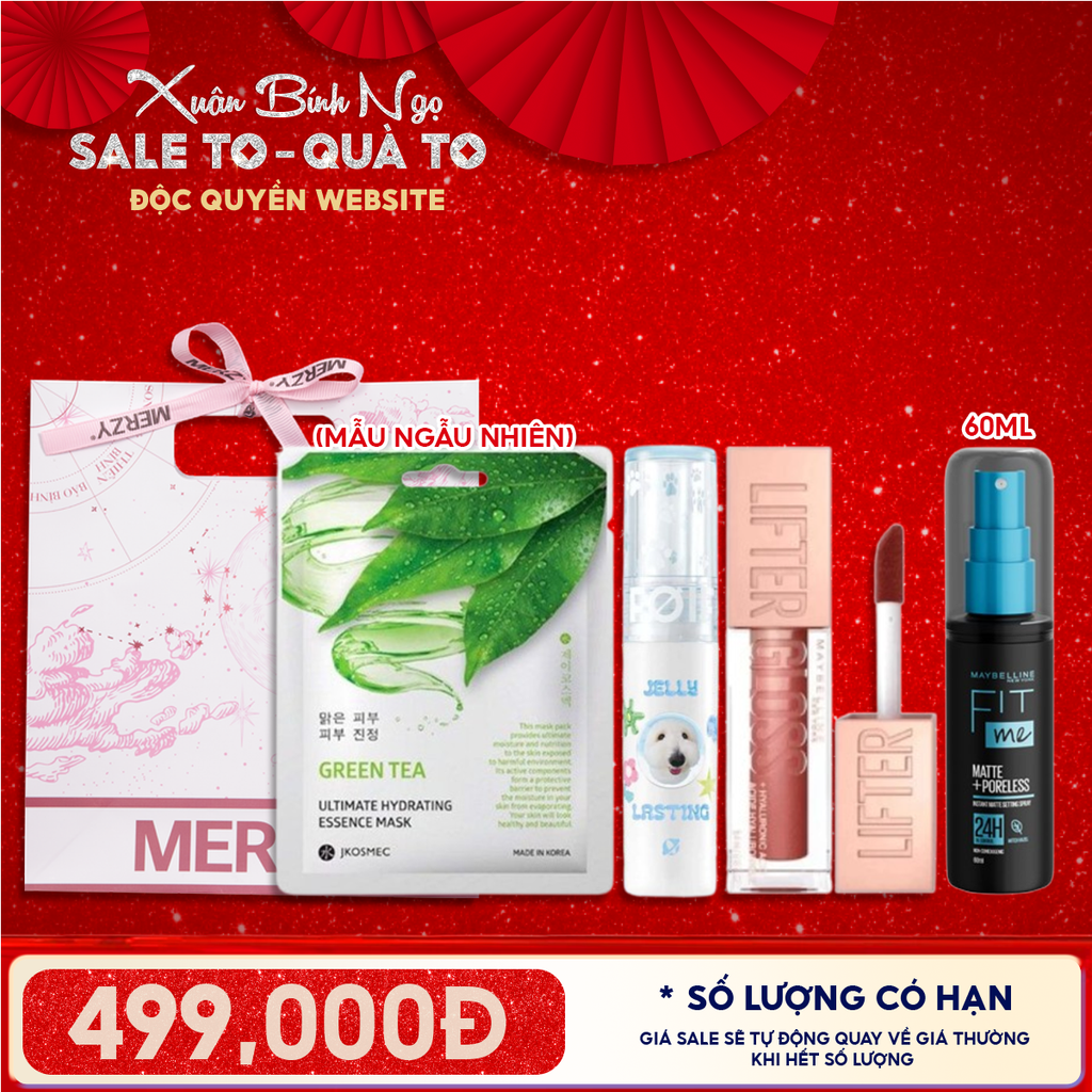 Túi Quà Tặng 499K: 1 Son Merzy + 1 Son Maybelline + 1 Xịt Khóa Nền Maybelline + 1 Mặt Nạ + Túi