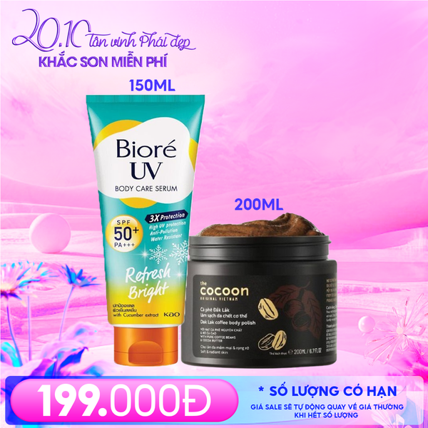  Combo Quà Tặng 20/10: Serum Dưỡng Thể Chống Nắng Bioré Refresh Bright 150ML + Tẩy Da Chết Body Cocoon Cà Phê Dak Lak 200ML 