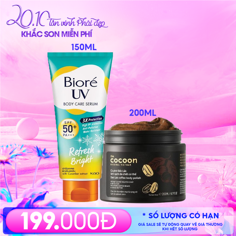 Combo Quà Tặng 20/10: Serum Dưỡng Thể Chống Nắng Bioré Refresh Bright 150ML + Tẩy Da Chết Body Cocoon Cà Phê Dak Lak 200ML