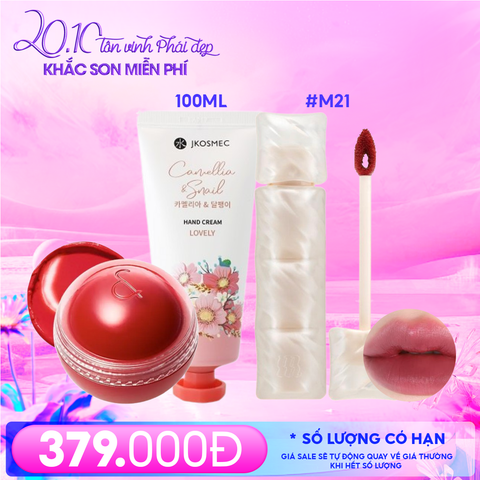 Combo 20/10: (Son Phao Kem Lì Merzy Puffer Mellow Tint #M21 Lilac Smoke + Má Hồng Kem Dạng Lăn Romand Juicy Roll Cheek #01 Rare Apple + Kem Dưỡng Da Tay Jkosmec 100ml #Camellia & Snail)