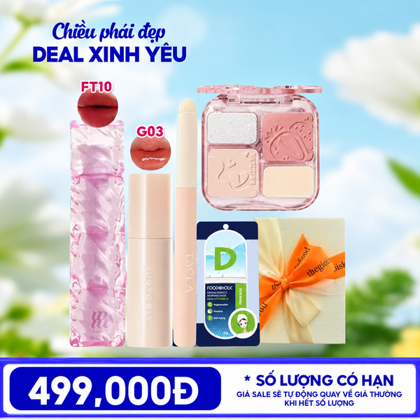  [HỘP QUÀ YÊU THƯƠNG] Son Tint Merzy Water Fit Blur Tint + Son Tint Bóng Judydoll Glazed Lip Gloss + Bảng Phấn Má Hồng VEECCI + Cọ Tán Son TOOLA + Măt Nạ Giấy Foodaholic + Hộp Quà Ngẫu Nhiên 