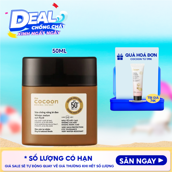  Sữa Chống Nắng Thuần Chay Cocoon Bí Đao Quang Phổ Rộng Winter Melon Sun Fluid Broad-Spectrum SPF 50+ PA++++, UVA – PF 62.6 