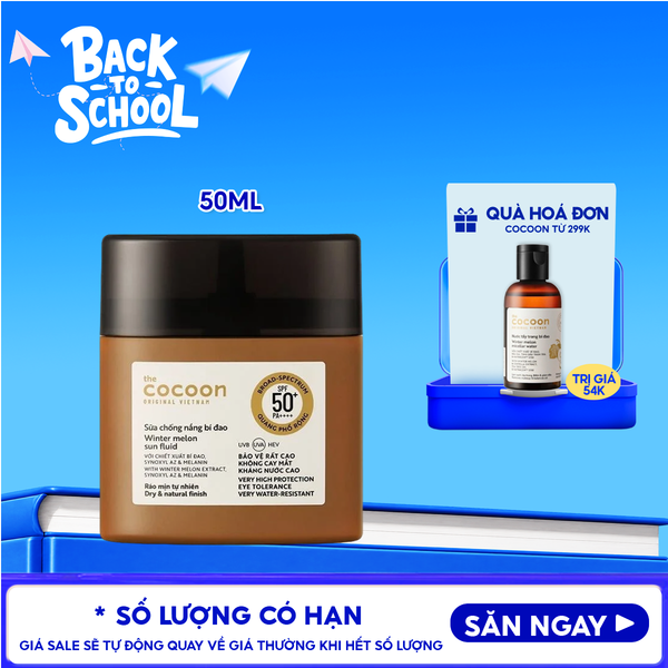  Sữa Chống Nắng Thuần Chay Cocoon Bí Đao Quang Phổ Rộng Winter Melon Sun Fluid Broad-Spectrum SPF 50+ PA++++, UVA – PF 62.6 