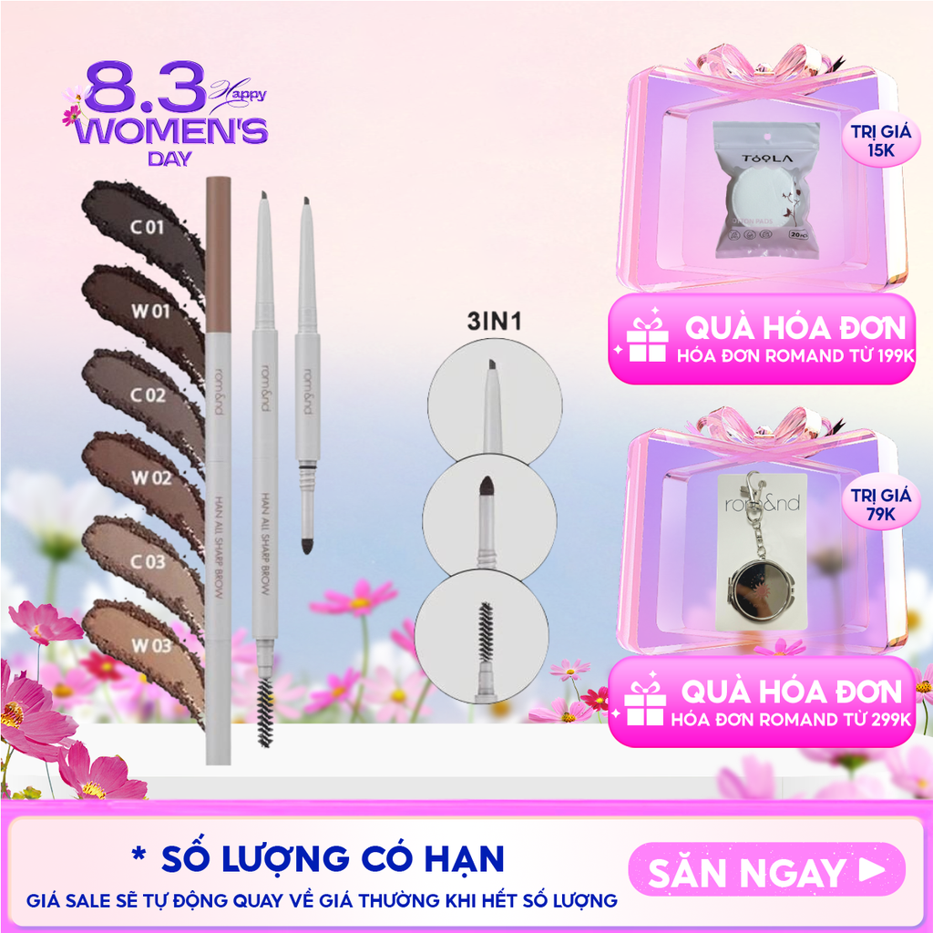 Chì Kẻ Mày Nét Mảnh Romand 3 Trong 1 Cho Đôi Chân Mày Hoàn Hảo, Sắc Nét Han All Sharp Brow - Han All Line