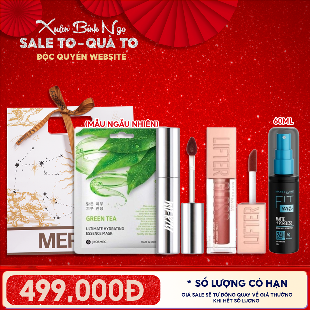 Túi Quà Tặng 499K: 1 Son Merzy + 1 Son Maybelline + 1 Xịt Khóa Nền Maybelline + 1 Mặt Nạ + Túi