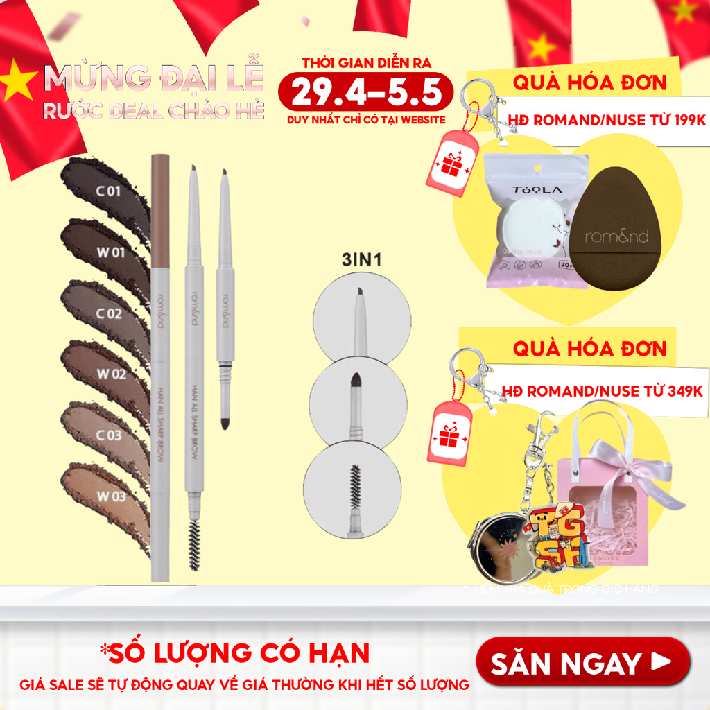 Chì Kẻ Mày Nét Mảnh Romand 3 Trong 1 Cho Đôi Chân Mày Hoàn Hảo, Sắc Nét Han All Sharp Brow - Han All Line