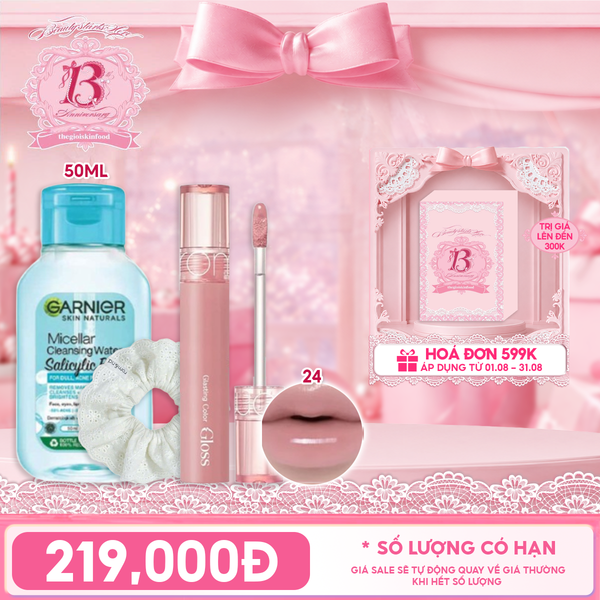  Combo Travel: Son Bóng Romand Glasting Color Gloss 4g + Nước Tẩy Trang Garnier Làm Sạch Sâu Micellar Cleansing Water + Cột Tóc Romand Thời Trang ngẫu nhiên 