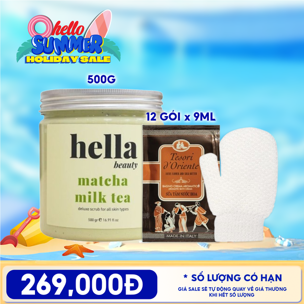  Combo Tiện Lợi: Găng Tay Tắm Tẩy Tế Bào Chết LMLTOP Làm Sạch Da Bath Gloves + Tẩy Tế Bào Chết Body Hella Beauty Deluxe Scrub + Dây 12 Gói Sữa Tắm Tesori d'Oriente Aromatic Bath Cream 