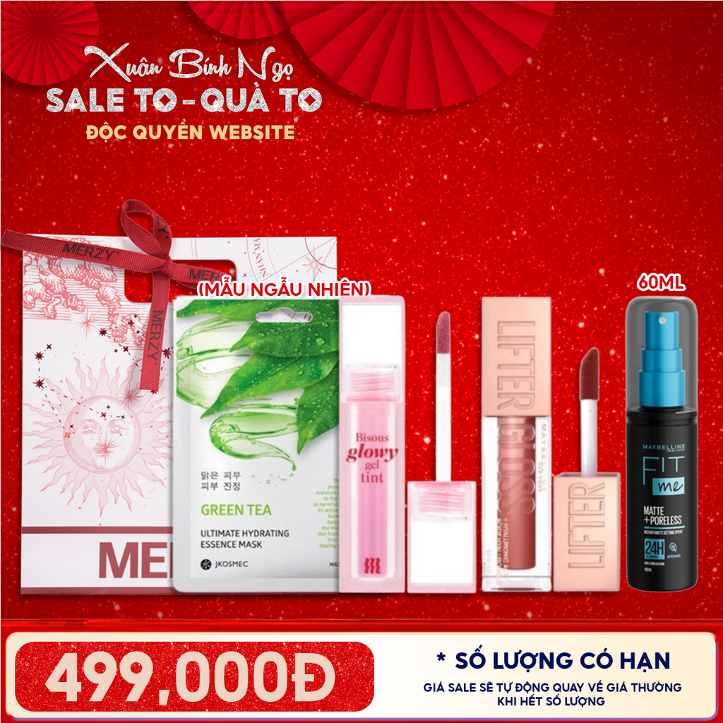 Túi Quà Tặng 499K: 1 Son Merzy + 1 Son Maybelline + 1 Xịt Khóa Nền Maybelline + 1 Mặt Nạ + Túi