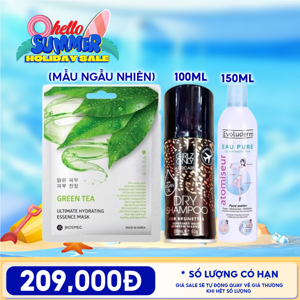  Combo Tiện Lợi: Mặt Nạ Miếng Jkosmec Hydrating Mask + Dầu Gội Khô Girlz Only Dry Shampoo + Xịt Khoáng Evoluderm Cấp Nước Atomiseur Eau Pure Water 