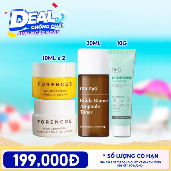  Combo Travel:  Kem Dưỡng Ẩm Forencos Wonderwerk Marula Cream + Kem Dưỡng Forencos Wonderwerk Marula Tone Up Cream + TNước Hoa Hồng Ma:nyo Bifida Biome Ampoule Toner + Tẩy Tế Bào Chết Dr.G Brightening Peeling Gel 