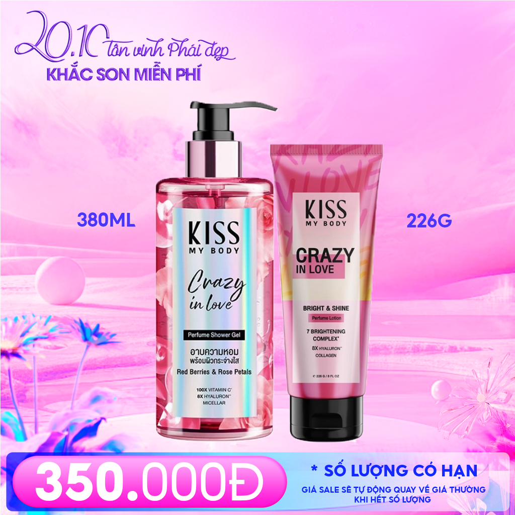 Combo Quà Tặng 20/10: Sữa Tắm Kiss My Body Hương Nước Hoa 380ml + Sữa Dưỡng Toàn Thân Kiss My Body Trắng Da Hương Nước Hoa 226g
