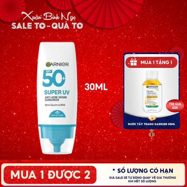  Kem Chống Nắng Phổ Rộng Garnier Kiềm Dầu, Hỗ Trợ Giảm Mụn Super Uv Anti-Acne Serum Sunscreen SPF50+ PA++++ 30ml 