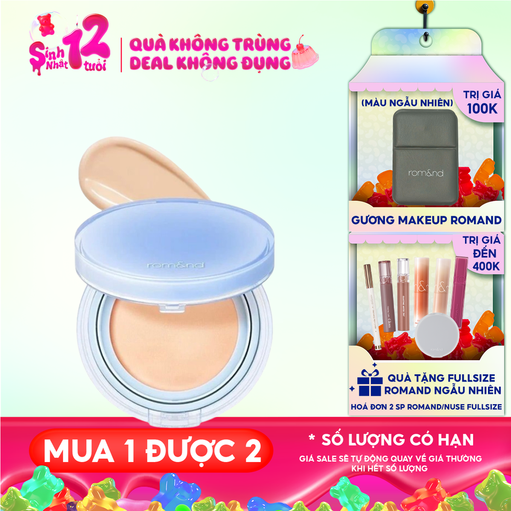 [VE-EASY] Phấn Nước Trang Điểm Romand Che Phủ Tự Nhiên, Căng Bóng Thuần Chay Bare Water Cushion SPF38/PA++++ 20g