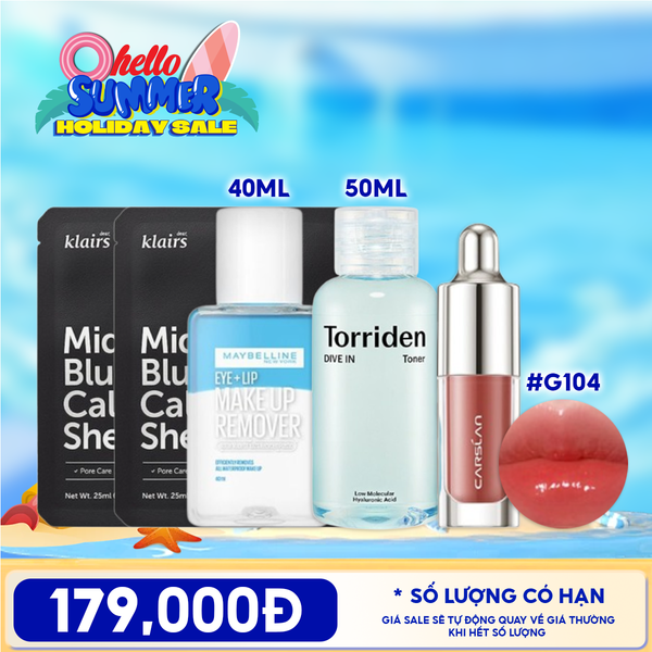  Combo Tiện Lợi: Son Tint Bóng Mini Carslan Lip Glow Serum + Nước Tẩy Trang Mắt Môi Maybelline Eye & Lip Makeup Remover + Nước Hoa Hồng Cấp Ẩm Phục Hồi Da Torriden Hyaluronic Acid Toner 50ML + Mặt Nạ Làm Dịu Phục Hồi Da Giảm Kích Ứng Klairs Midnight Mask 