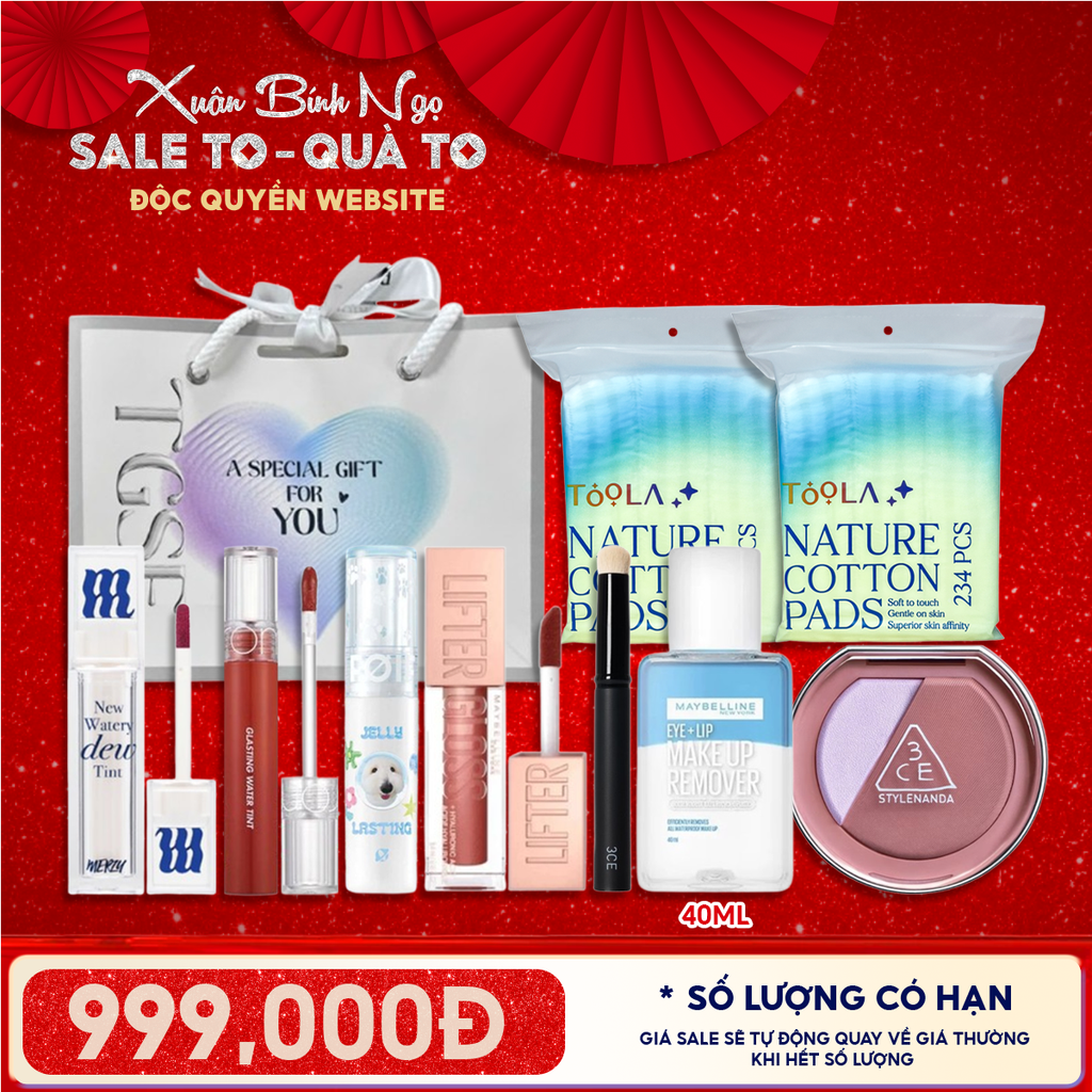 Túi Quà Tặng 999K: 4 Son Fullsize + 1 Má Hồng 3CE + 2 Bông Tẩy Trang 234M + 1 Cọ + 1 Nước Tẩy Trang 40ml + Túi