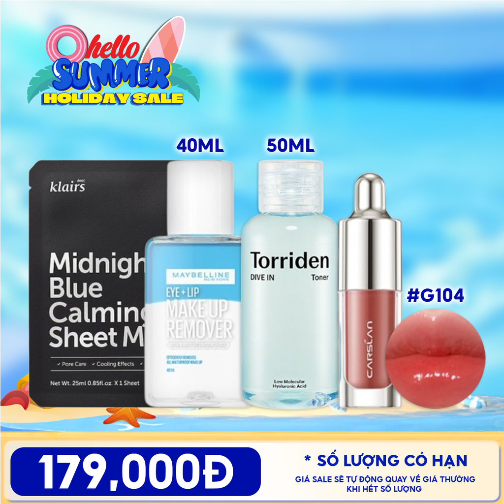 Combo Tiện Lợi: Son Tint Bóng Mini Carslan Lip Glow Serum + Nước Tẩy Trang Mắt Môi Maybelline Eye & Lip Makeup Remover + Nước Hoa Hồng Cấp Ẩm Phục Hồi Da Torriden Hyaluronic Acid Toner 50ML + Mặt Nạ Làm Dịu Phục Hồi Da Giảm Kích Ứng Klairs Midnight Mask