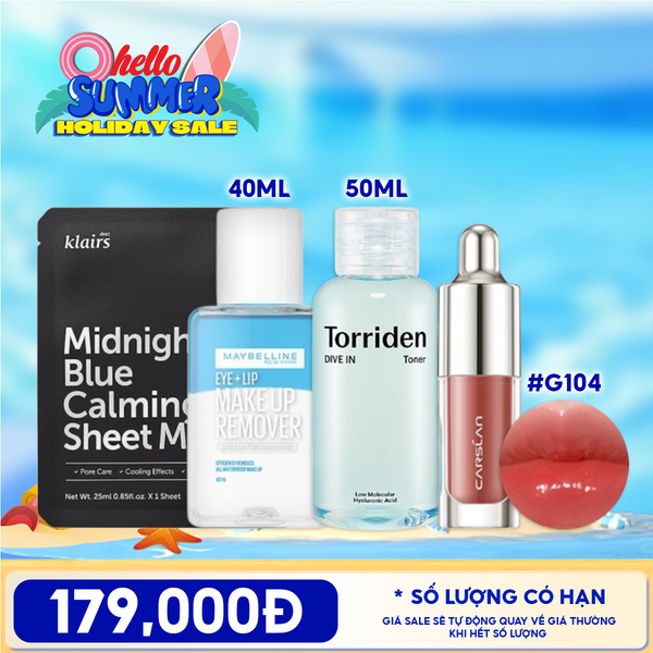  Combo Tiện Lợi: Son Tint Bóng Mini Carslan Lip Glow Serum + Nước Tẩy Trang Mắt Môi Maybelline Eye & Lip Makeup Remover + Nước Hoa Hồng Cấp Ẩm Phục Hồi Da Torriden Hyaluronic Acid Toner 50ML + Mặt Nạ Làm Dịu Phục Hồi Da Giảm Kích Ứng Klairs Midnight Mask 