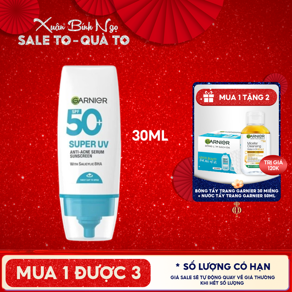  Kem Chống Nắng Phổ Rộng Garnier Kiềm Dầu, Hỗ Trợ Giảm Mụn Super Uv Anti-Acne Serum Sunscreen SPF50+ PA++++ 30ml 