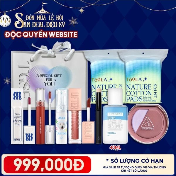  Túi Quà Giáng Sinh 999K: 4 Son Fullsize + 1 Má Hồng 3CE + 2 Bông Tẩy Trang 234M + 1 Cọ + 1 Nước Tẩy Trang 40ml + Túi 