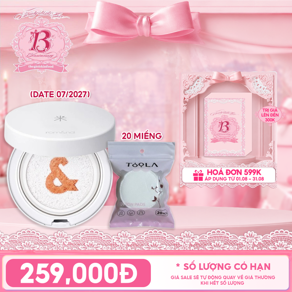  Combo Travel: Kem Chống Nắng Romand Back Me Tone Up Sun Cushion + Bông Tẩy Trang Tròn TOOLA x Romand 20 Miếng 