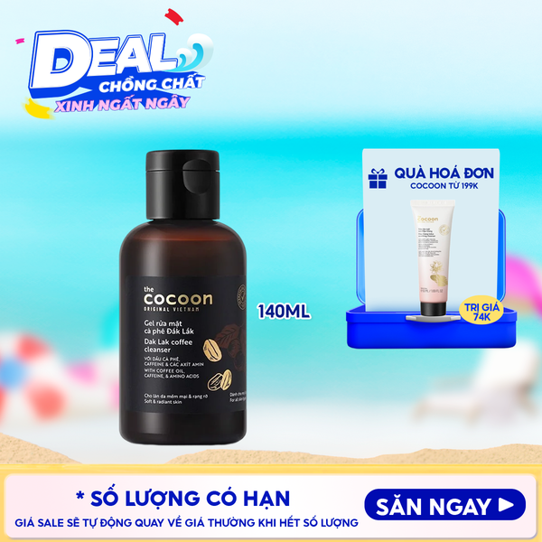  Gel Rửa Mặt Cocoon Làm Sạch Dịu Nhẹ Chiết Xuất Cà Phê Đắk Lắk Giúp Da Tươi Sáng, Đều Màu Dak Lak Coffee Cleanser 140ml 