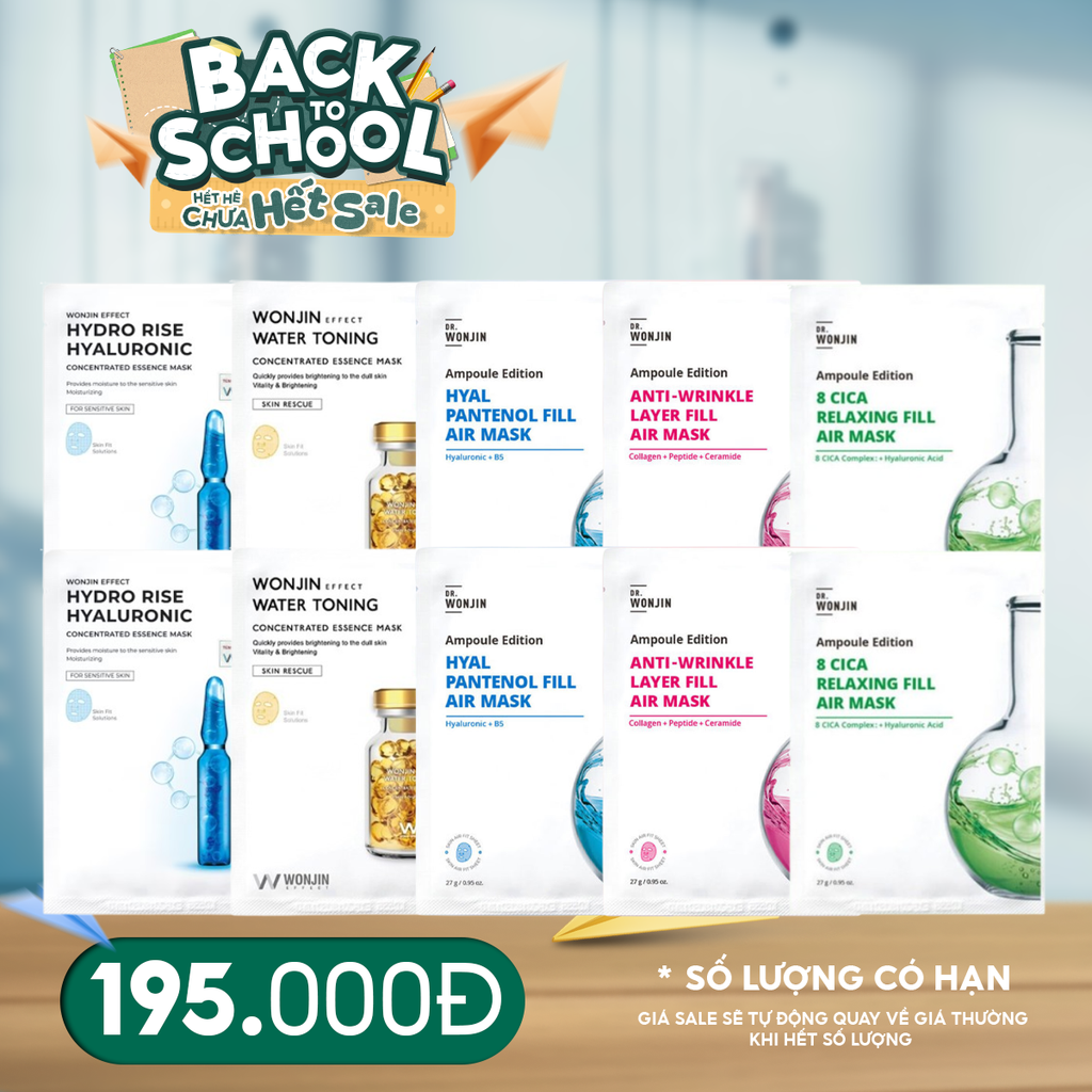 Combo Wonjin 10 Mask: Mặt Nạ Effect Concentrated Essence Mask + Mặt Nạ Tinh Chất Wonjin Ampoule Edition Fill Air Mask 27g