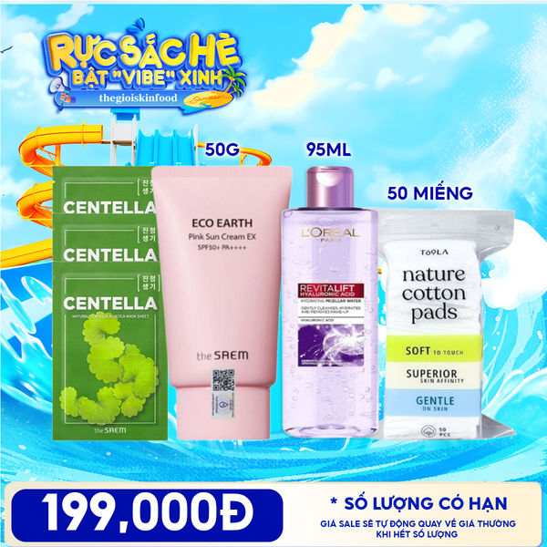  Combo Travel: Kem Chống Nắng The Saem  Pink Sun Cream EX + Mặt Nạ Giấy The Saem  Natural Mask + Nước Tẩy Trang L'oreal Revitalift Hyaluronic Acid Hydrating Micellar Water + Bông Tẩy Trang Mềm Mịn TOOLA 