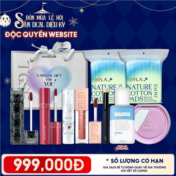  Túi Quà Giáng Sinh 999K: 4 Son Fullsize + 1 Má Hồng 3CE + 2 Bông Tẩy Trang 234M + 1 Cọ + 1 Nước Tẩy Trang 40ml + Túi 