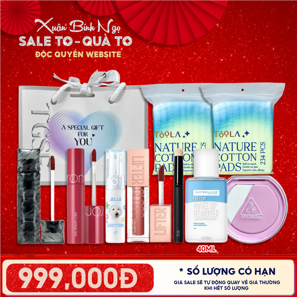  Túi Quà Tặng 999K: 4 Son Fullsize + 1 Má Hồng 3CE + 2 Bông Tẩy Trang 234M + 1 Cọ + 1 Nước Tẩy Trang 40ml + Túi 