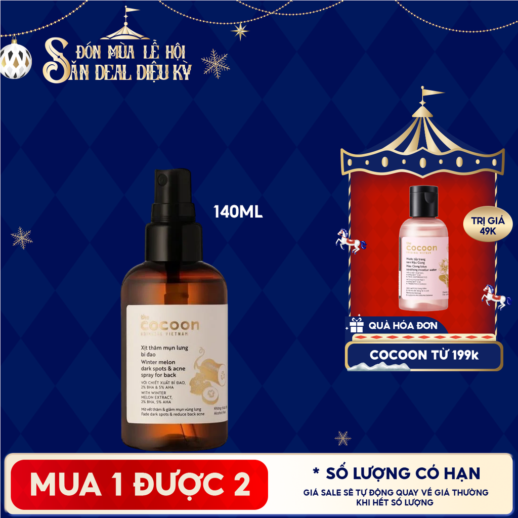 Xịt Giảm Thâm Mụn Lưng Cocoon Làm Dịu Da Chiết Xuất Bí Đao Winter Melon Dark Spots & Acne Spray For Back 140ml