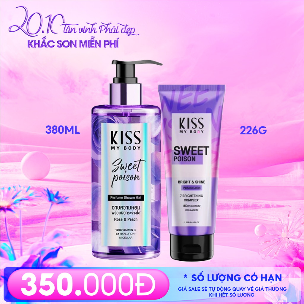 Combo Quà Tặng 20/10: Sữa Tắm Kiss My Body Hương Nước Hoa 380ml + Sữa Dưỡng Toàn Thân Kiss My Body Trắng Da Hương Nước Hoa 226g